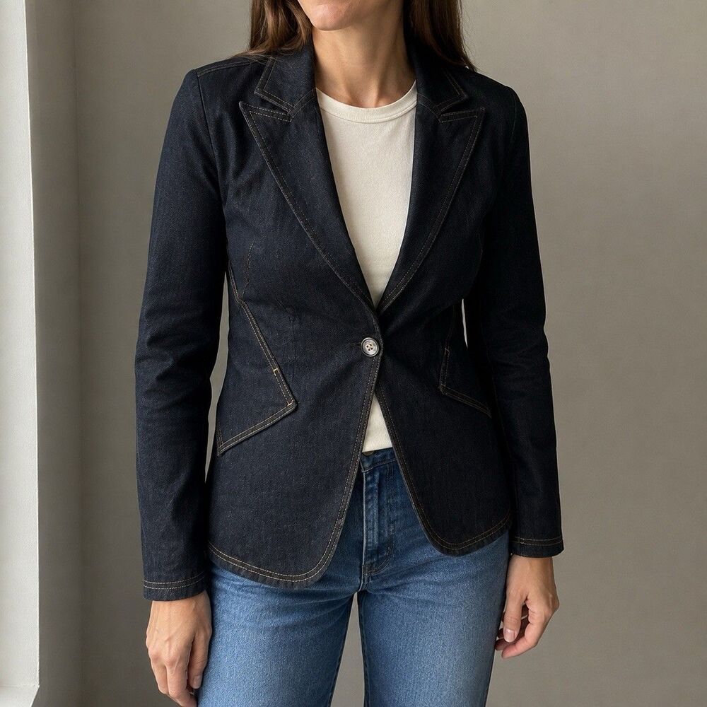 NWT WHBM Editor Rinse Denim Blazer Women 2 Dark Wash Stretch Tailored Jacket
